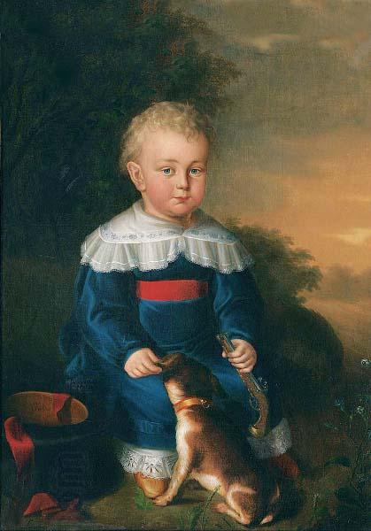 unknow artist Portrait of a young boy with toy gun and dog China oil painting art